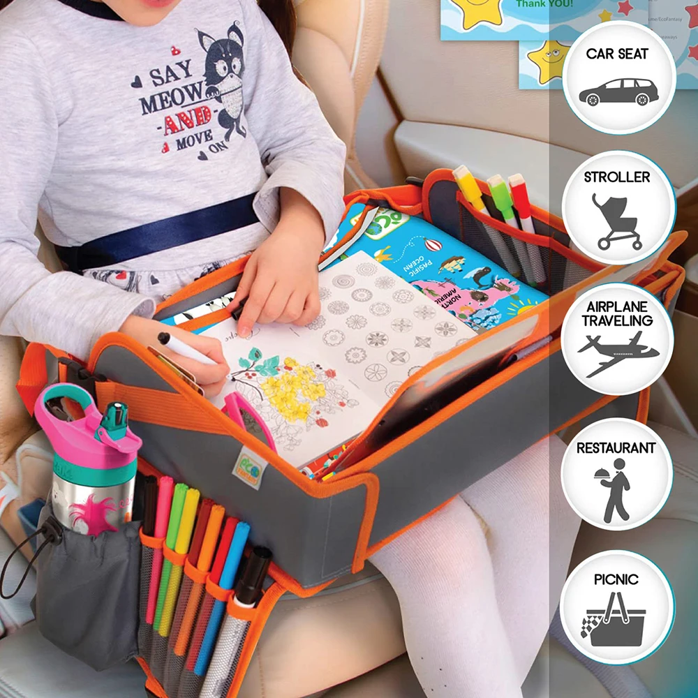 Hot Sell Foldable Snack and Toy Kids Travel Tray Toddler Lap Desk Organizer Carseat Table Tray for Kids Road Trip Activities