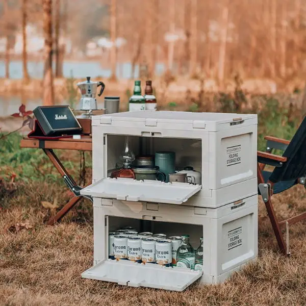 Car Trunk Eco Friendly Side Door PP Plastic Outdoor Foldable Camping Storage Box Organizer With Wood Lid