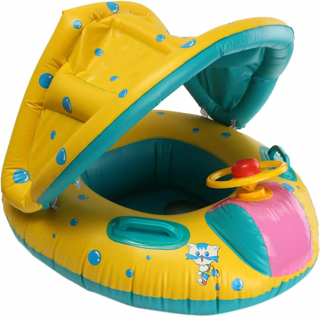 Baby Inflatable Swimming Float Ring PVC Lying Water Seat Boat Sunshade Pool Mattress with Canopy Kid Gift for Kids