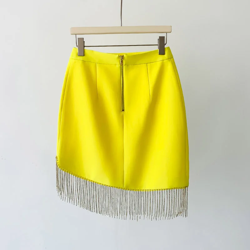 A8596 Fast Shipping Yellow Women Two Pieces Suits Plus Size Tassel  Party Ladies Two Pieces Skirt Suits