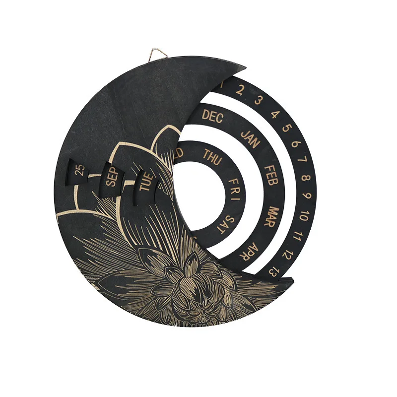 Round rotating wooden perpetual laser engraved wall decoration moon hanging calendar