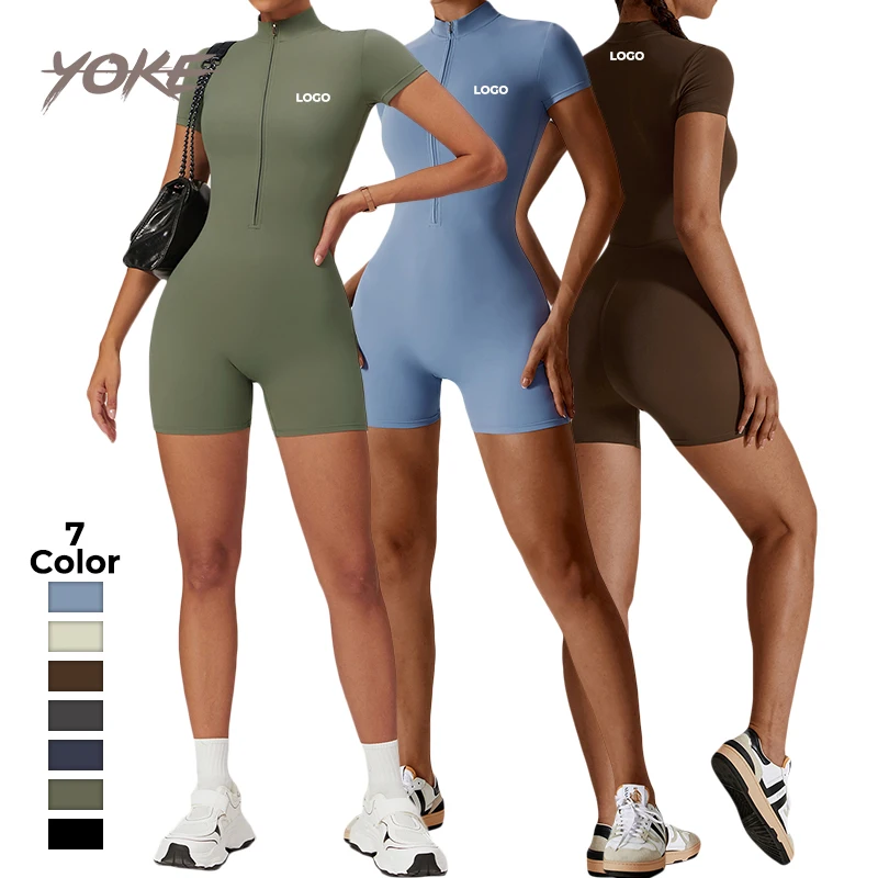 YK OEM Quick Drying Sportswear Fitness Gym One Piece Short Bodysuit Exercise Wear With Zipper Short Sleeve Jumpsuit