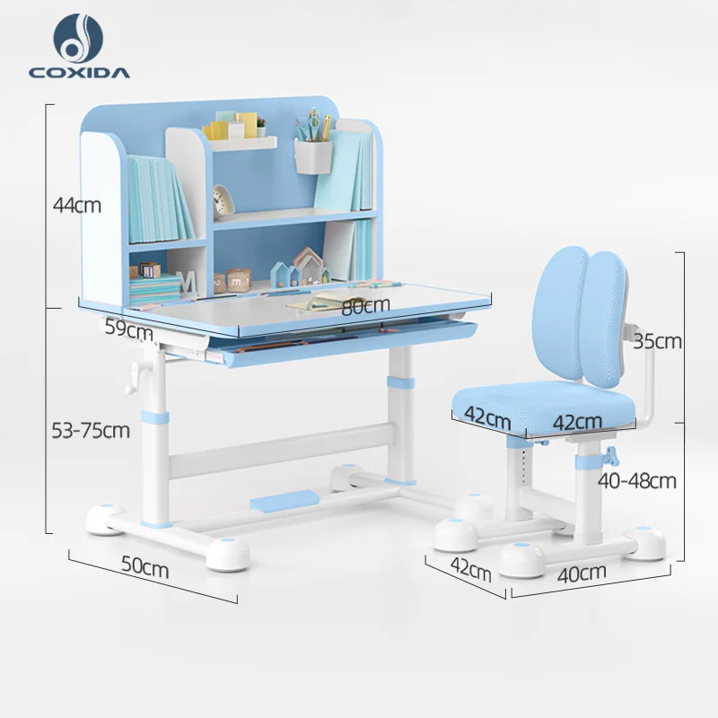 COXIDA Ergonomic Children Height Adjustable Desk And Chair Set With Bookshelf Home Furniture Wood Kids Study Table For Child