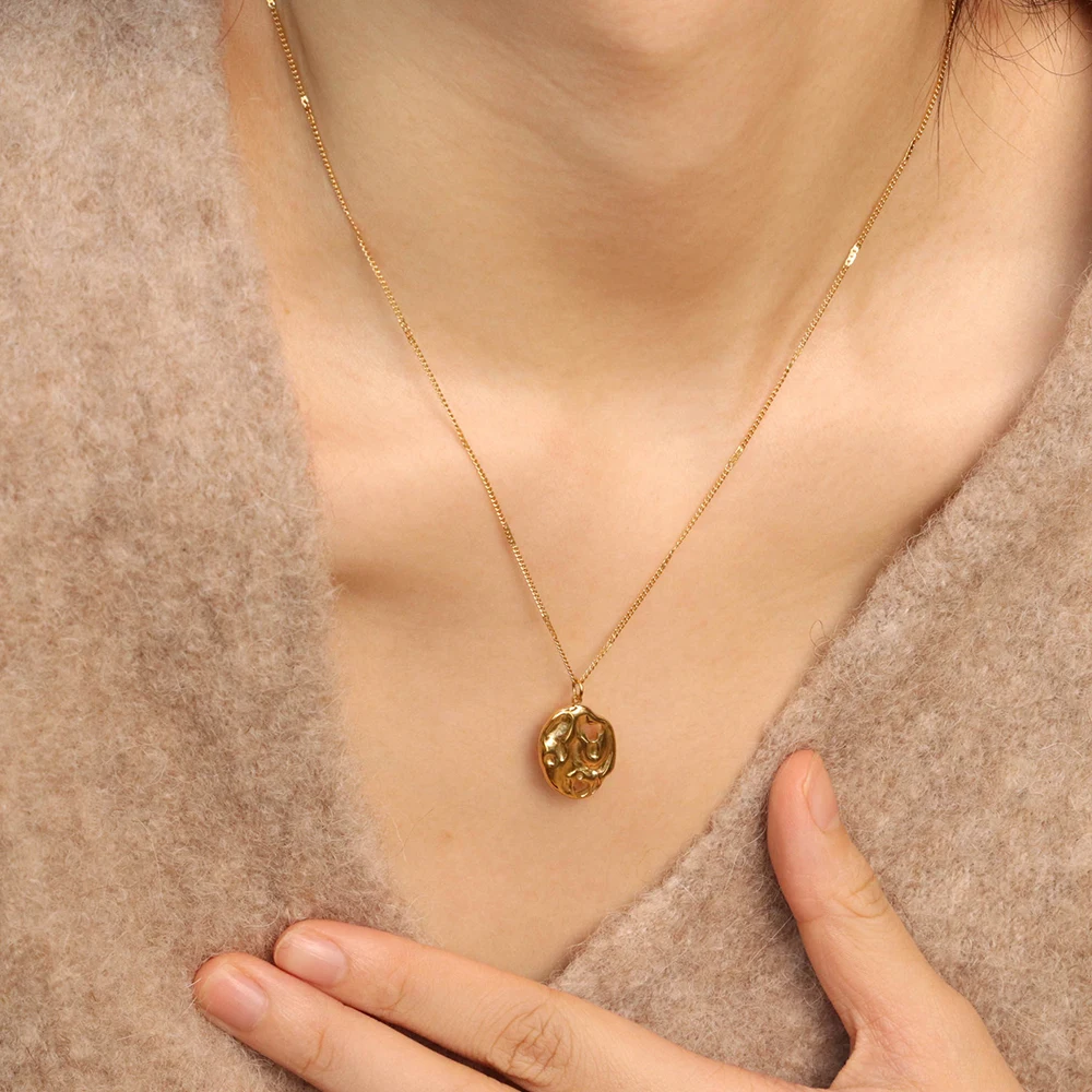 Chris April Fashion design PVD gold plated 316L stainless steel  bumpy texture hollow rocky organic pendant necklace