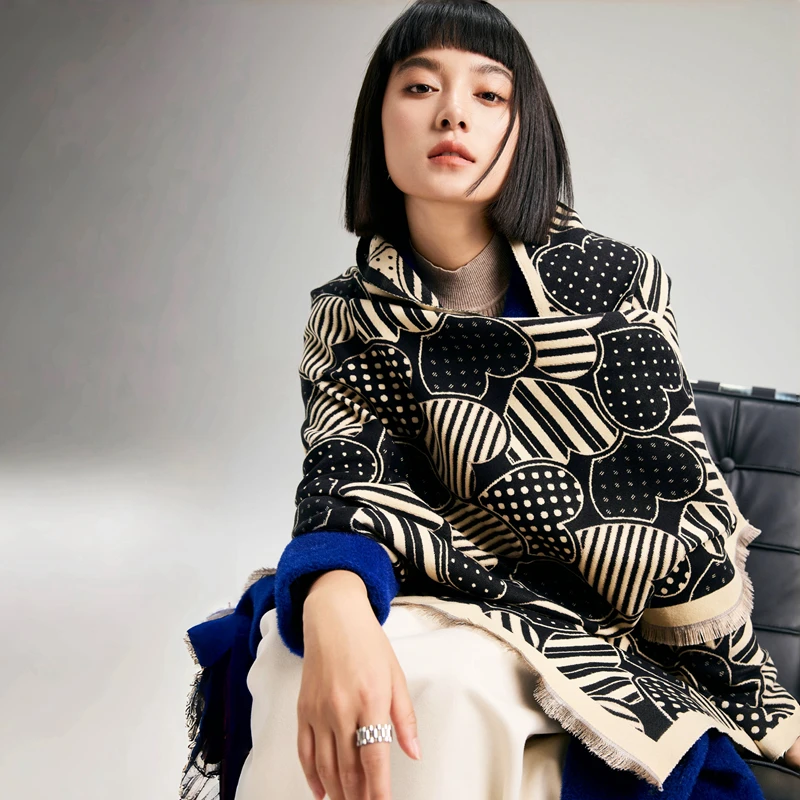New Korean Style Plaid Geometric Shawl Scarf Solid Pattern Imitation Cashmere Female Students Customizable Warm Autumn Winter