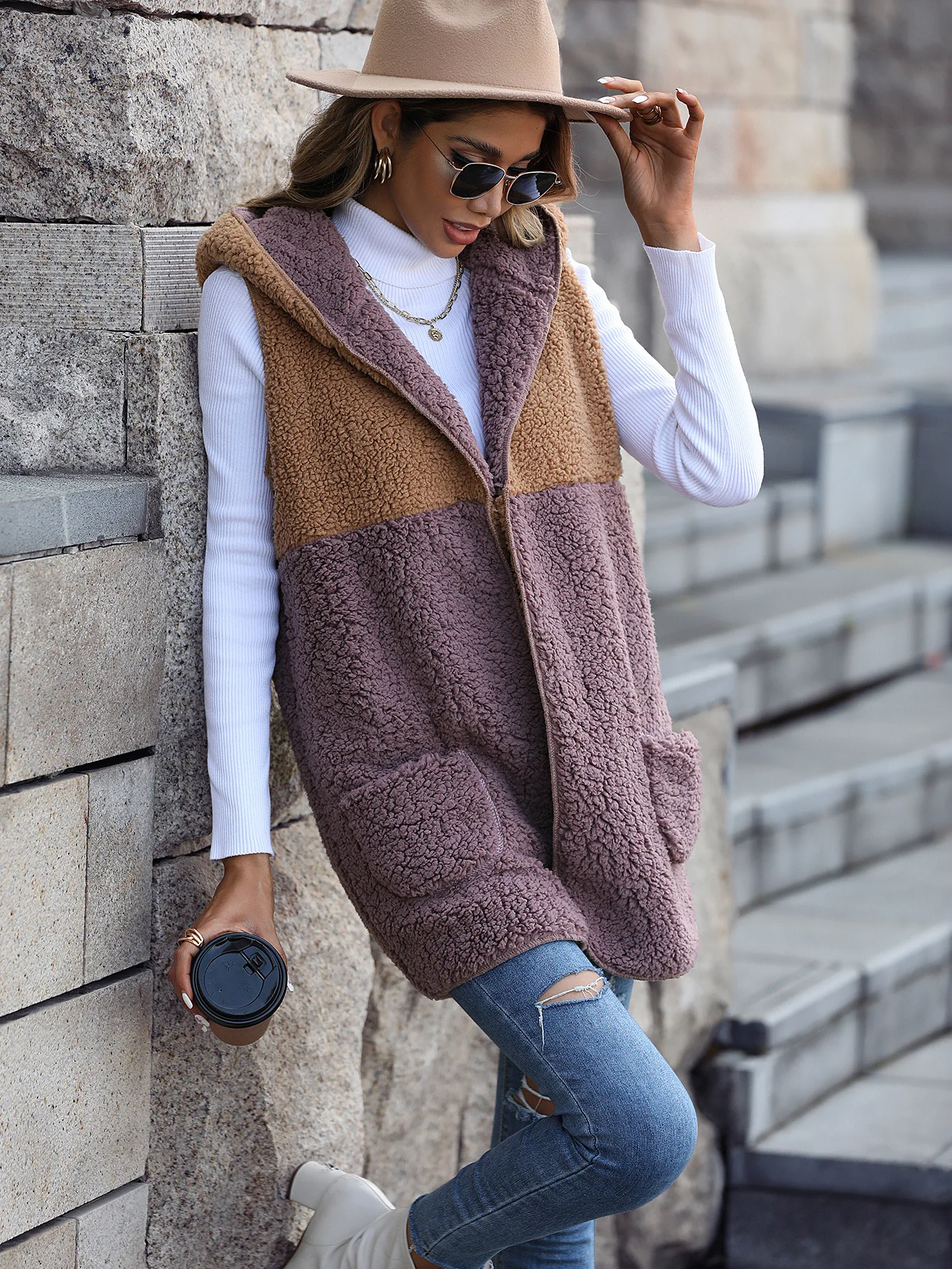 Wholesale 400gsm winter clothes for women vest fur winter thick warm double-faced pile pocket red plaid coat jacket fleece vest