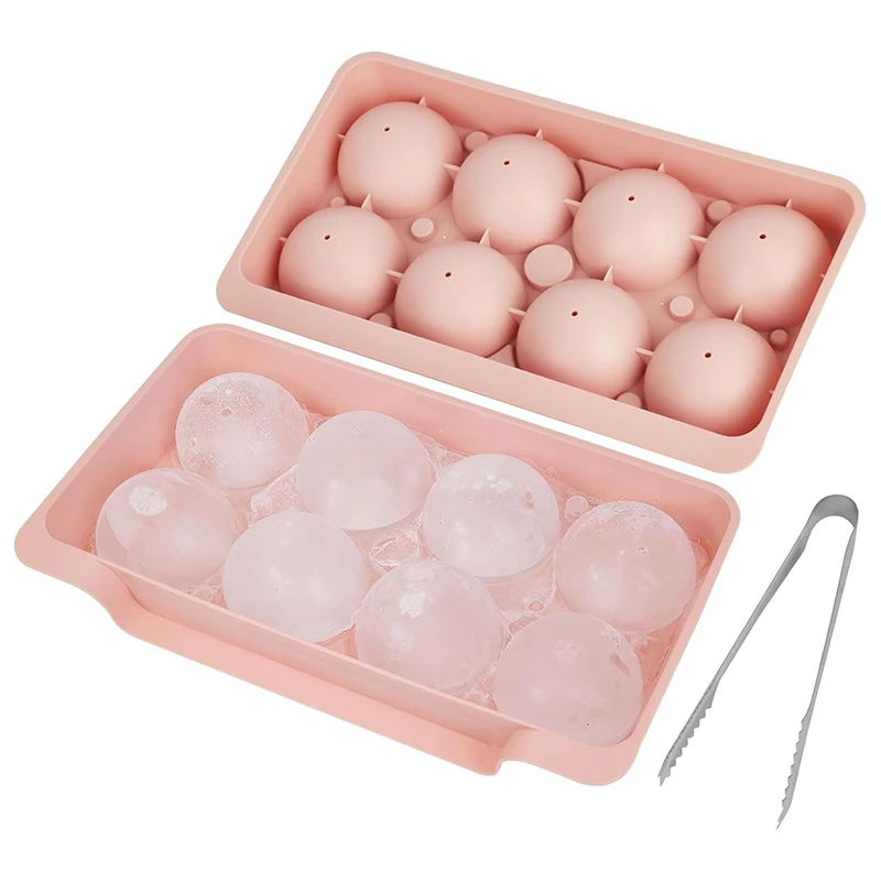 Reusable 8 grid plastic ice ball maker mold ice moulds whiskey round ice cubes trays with lid for whiskey