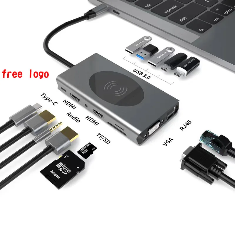 USB C Laptop Docking Station Dual Monitor, 14 in 1 USB C Hub Multiport Adapter Dongle with 2 HDMI, DisplayPort, RJ45, SD/TF