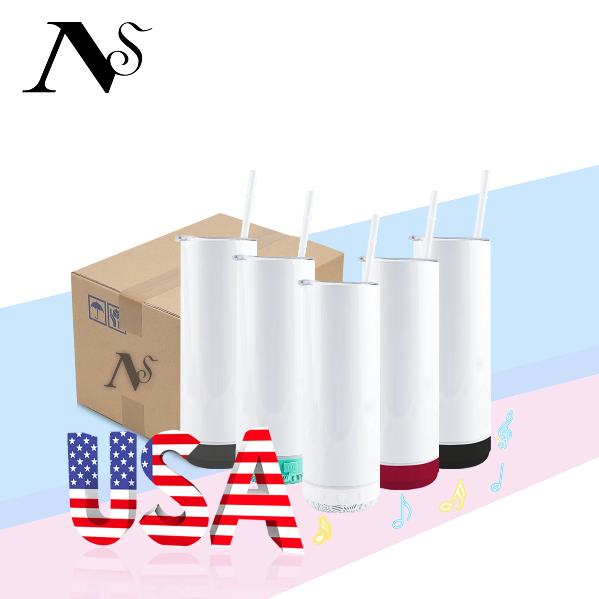 USA warehouse free ship Straight White Sublimation Blank Usb Led Light Wireless Speaker Water Cup Skinny Tumbler
