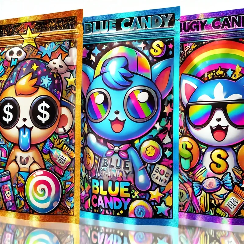 Holographic Foil Ziplock Candy Gummy Food Packaging Pouch Custom Smell Proof Plastic Mylar Bag