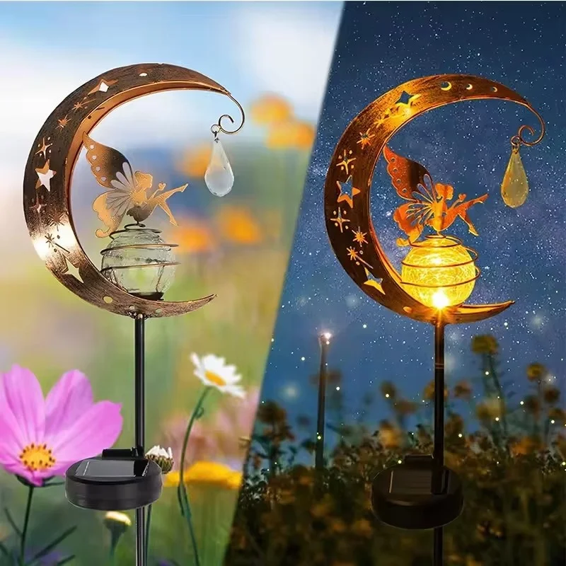 Solar Stake lights LED Solar Moon Crackle Glass Fairy Lights for Outdoor yard Decoration Wrought Iron Floor Garden Angel Lights