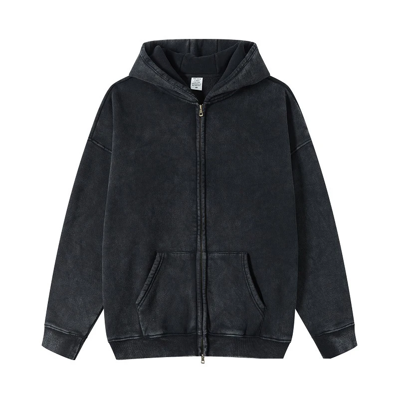 custom acid wash hoodie puff print embroidery distressed zip up hoodie sweatshirt vintage wash full-zip hoodie blank 100% cotton