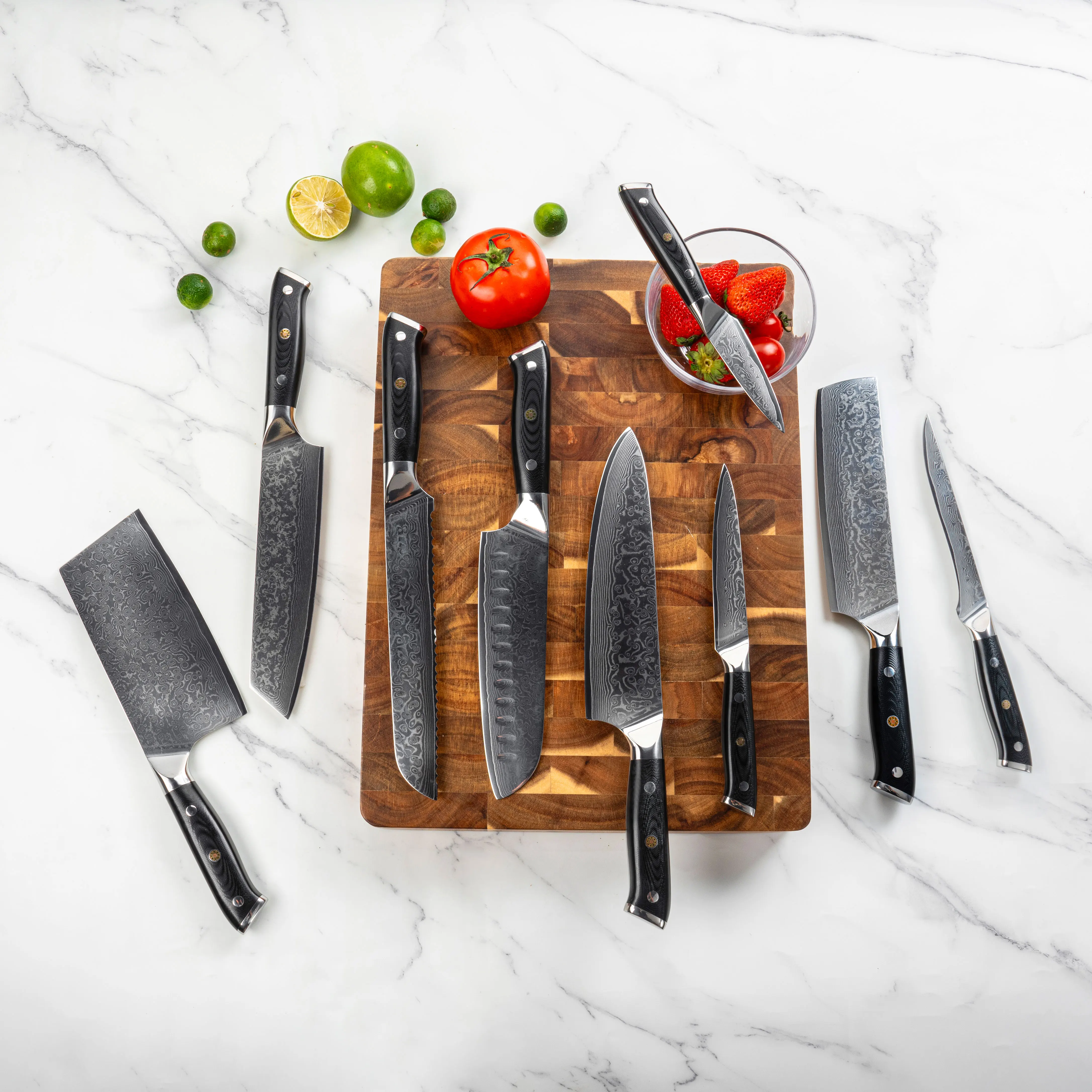 JJ 8' Damascus Bread Knife VG-10 Core Steel with G10 Handle Custom Serrated Kitchen Knife Triple Blossom