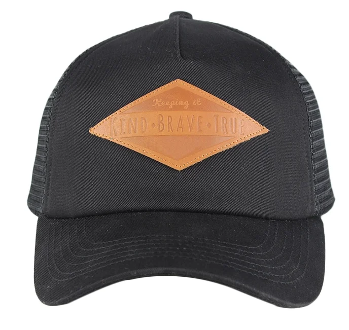 Custom Black Cotton Twill Trucker Mesh Caps Hats with Leather Patch Logo