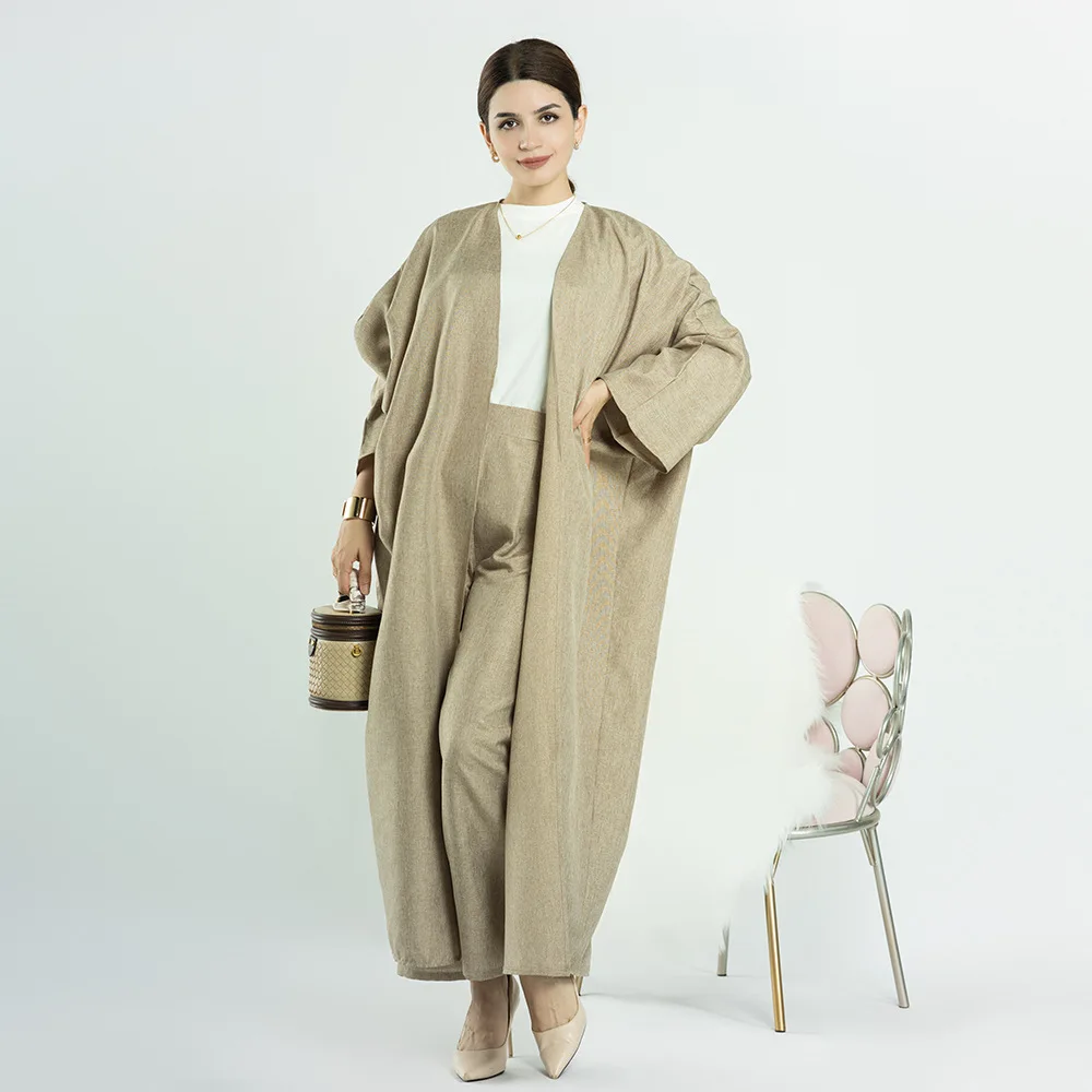 Wholesale Women Loose Pants Long Cardigan Suit Arabic Turkey Islamic Modest Open Abaya Set Outfits