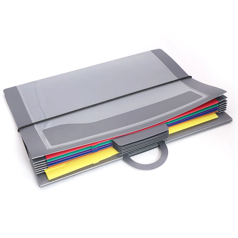PP plastic hanging wall file organizer 6 pocket expanding folder with elastic band and a clear pocket on the front cover