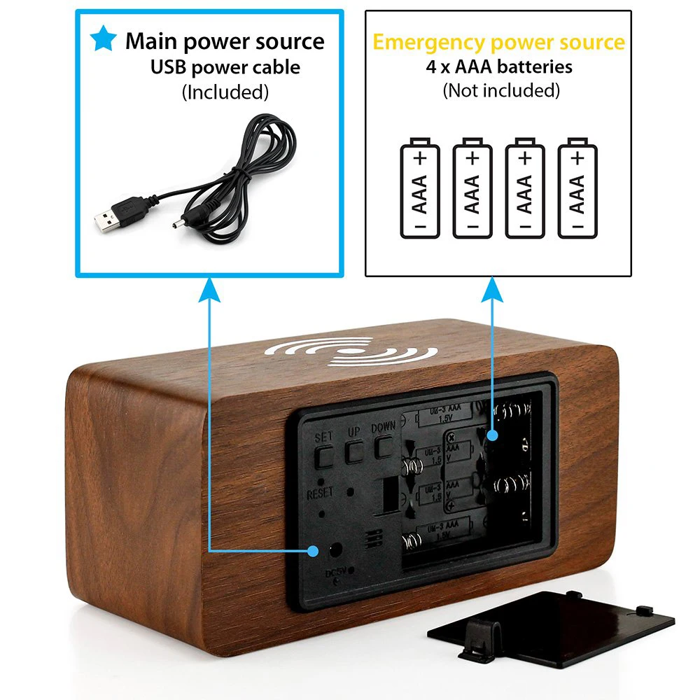 Factory Direct Led Alarm Clock Wifi  Wooden Digital Clock with Wireless Phone Charging