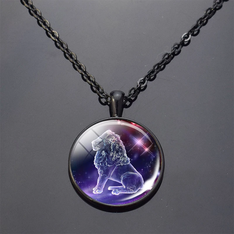 12 Constellations Black Pendant 12 Zodiac Signs Aries Leo Libra Gemini Taurus Scorpio Glass Cabochon Necklace for Birthday Gifts