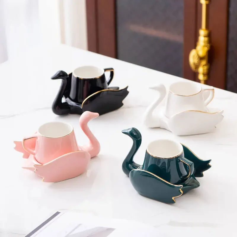 Creative Swan Shape Design Cup Dishes Set Gift Box Packaging Cute Ceramic Coffee Milk Tea Cup