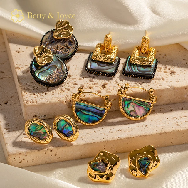 New Trendy Hammered Irregular Oval Square Geometric Abalone Shell 18K Real Gold Plated Earrings 90s Vintage