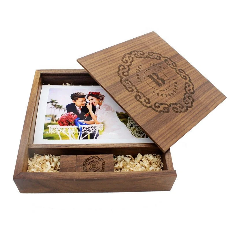 4*6 inch Wood USB Memory Box with Acrylic Lid and Flash Drive Engraved Gift Box for Photographers Wood Wedding Photo Box