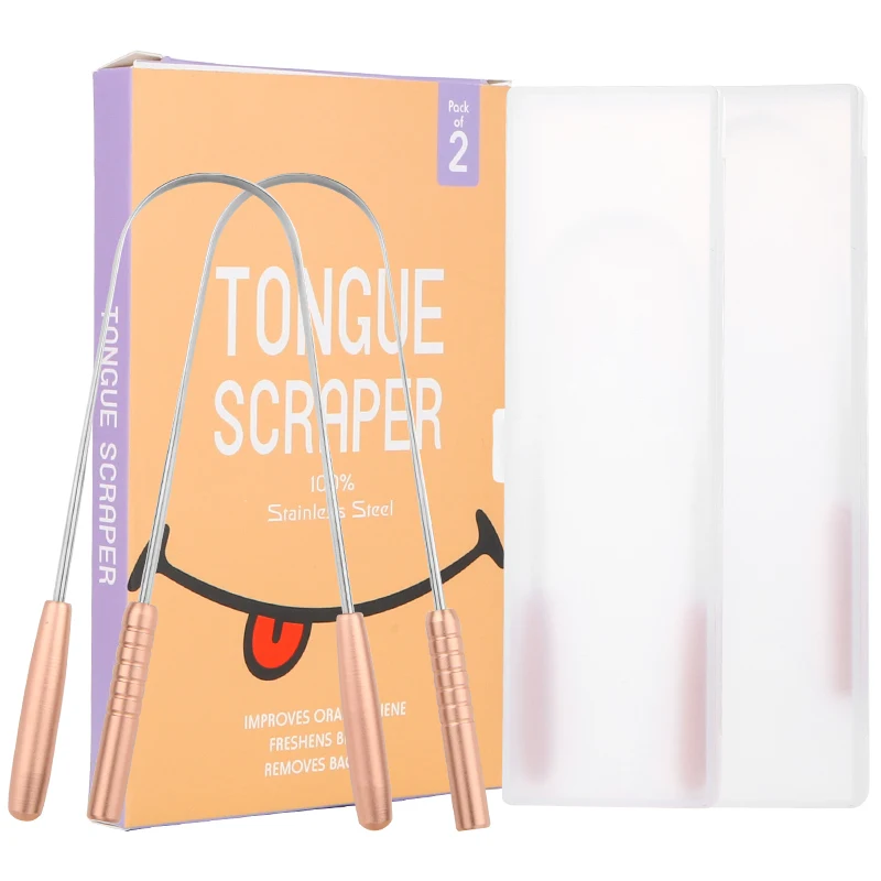 Best Sale Non Disposable Oral Care & Hygiene Tool Tongue Scrubber Cleaner Reduce Bad Breath Rose Gold Metal Tongue Scraper Kit