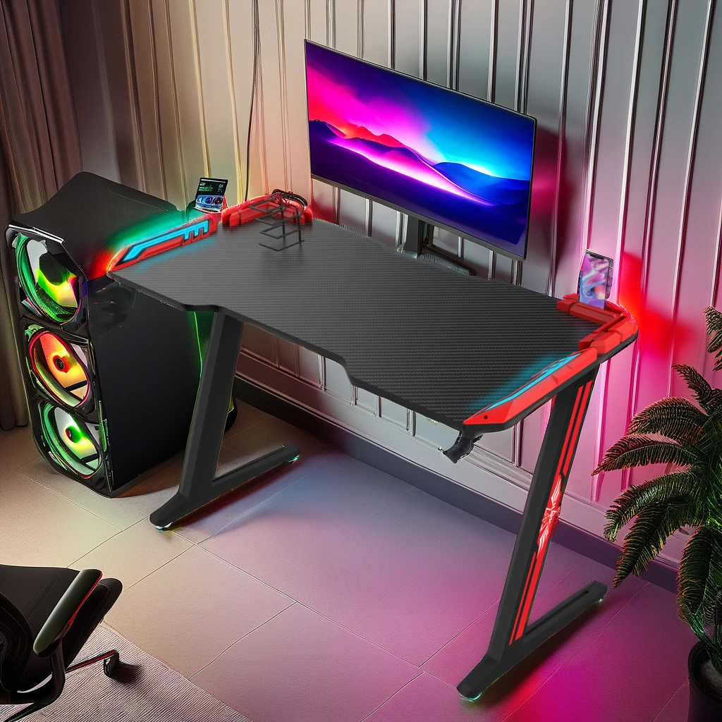High Quality 120cm RGB LED Light Gaming Desk Black PC Computer Table with Carbon Fiber Desktop Office Gaming Table