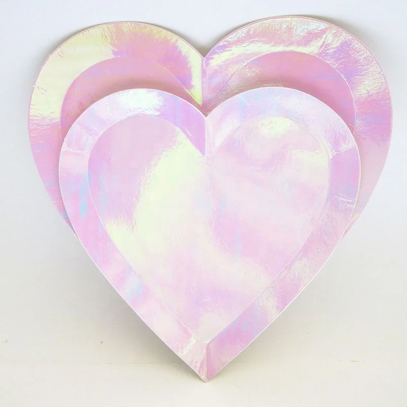 Heading card packed Heart shaped iridescent foil paper plates for girls party wedding party