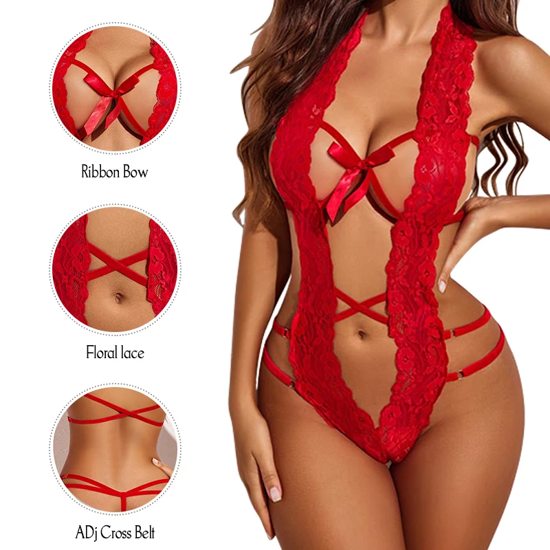 Factory New Design Custom Sexy Women Deep V Halter Lace Lingerie One Piece Bodysuit Middle Hollowed Out Lingerie With Bow