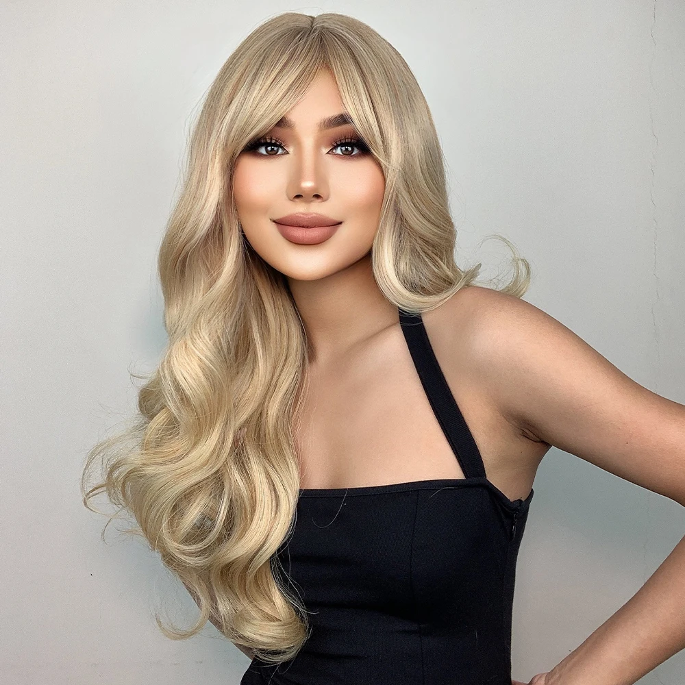 Synthetic Ombre Platinum Blonde Wig Long Wavy Wig with Bangs for Women Cosplay Party Heat Resistant Hair Wig