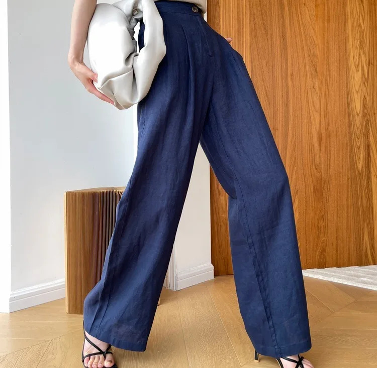 High Waist Wide Leg Long Palazzo Korean New Style Straight Cut Loose  Washed Linen Pants for Women