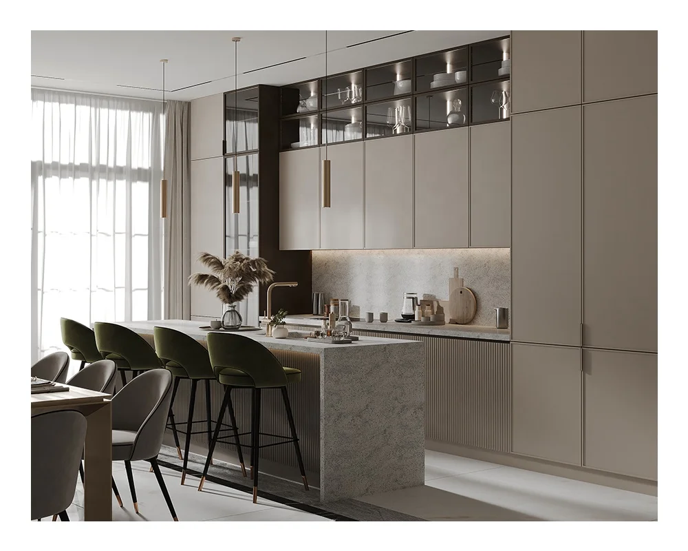 Contemporary Simple European Waterproof Durable Paint Glass Pvc Lacquer Wood Kitchen Storage Cupboard