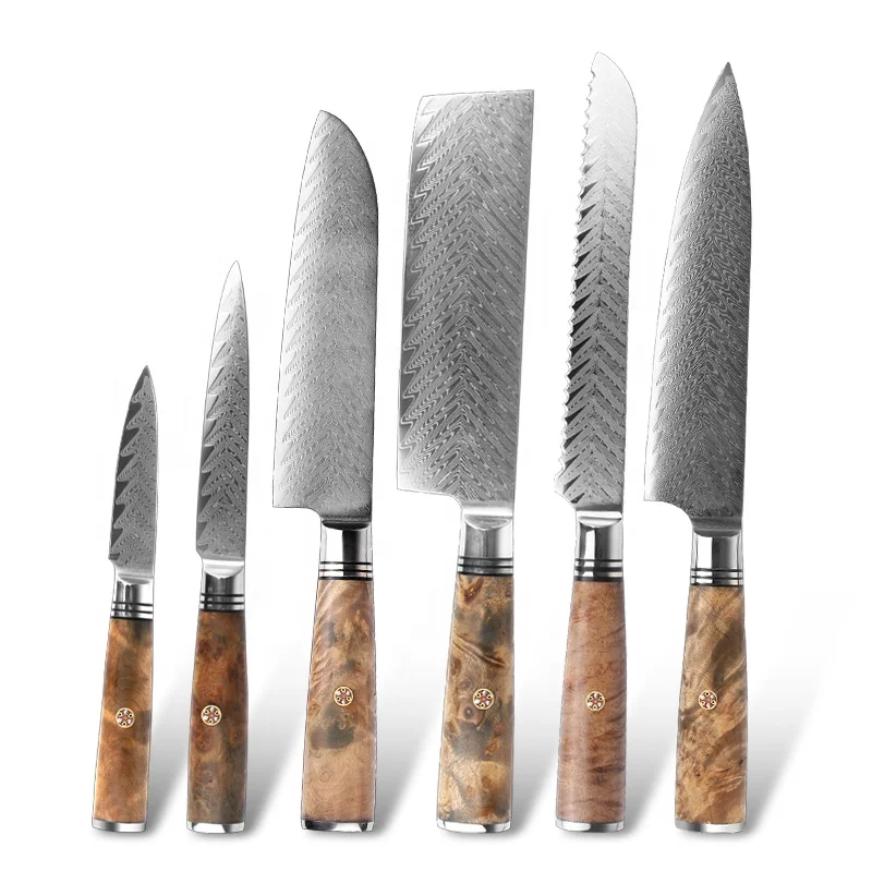 Damascus Messer Set 6pcs Kitchen Cooking Stainless Steel Knife Set Kitchen Damascus Knives Sets With  Wood Handle
