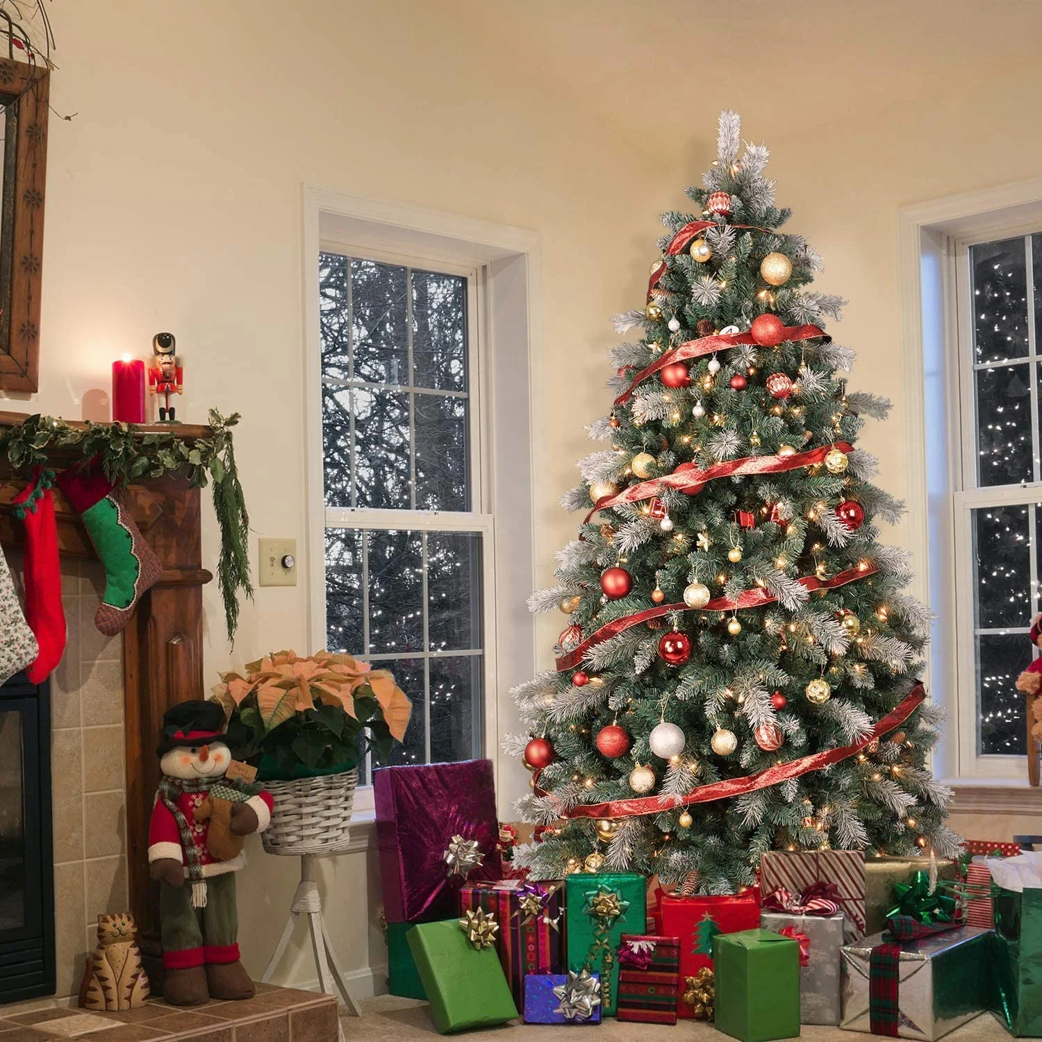 Pre-lit Snowy Spruce Christmas Tree 7Ft , Flocked Artificial Christmas Tree with Lights