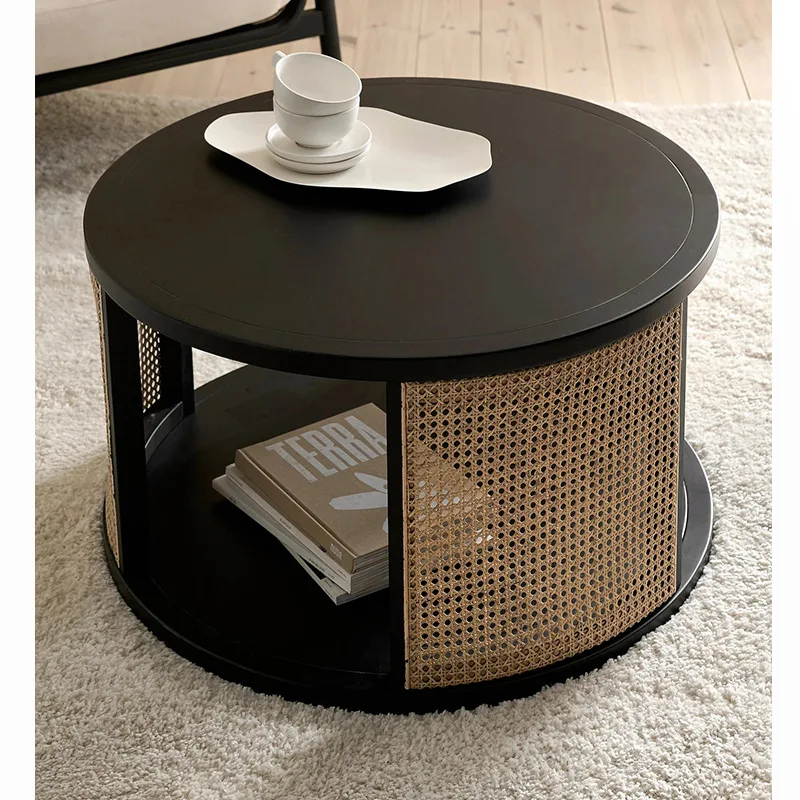ATUNUS Japanese Solid Wood Round Centre Table Rattan Tea Table Home Living Room Art Design Low Table