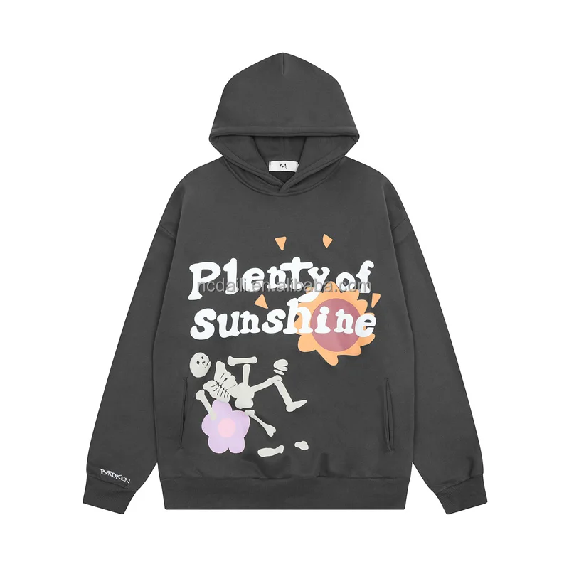 Retro Letter Skull 3D Puff Print Cotton Fleece Hoodies Front-pocket Oversize High Quality Hooded For Men