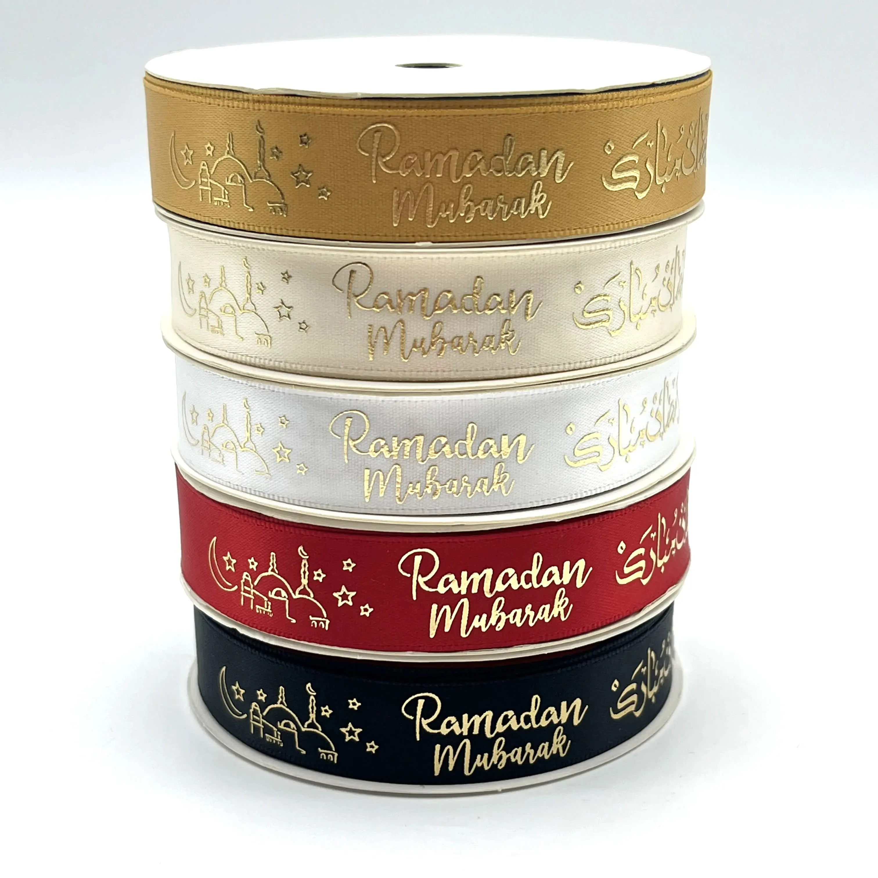 E-Magic 25mm Goil Foil Custom Printed Ribbon Roll Eid Mubarak Gift Ribbon Muslim Satin Ribbon Gift Wrap