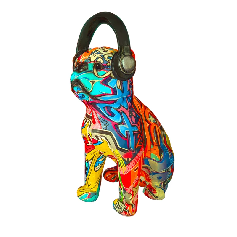 Colorful Sitting Bulldog Wearing Headset  Resin Crafts with Home Decoration