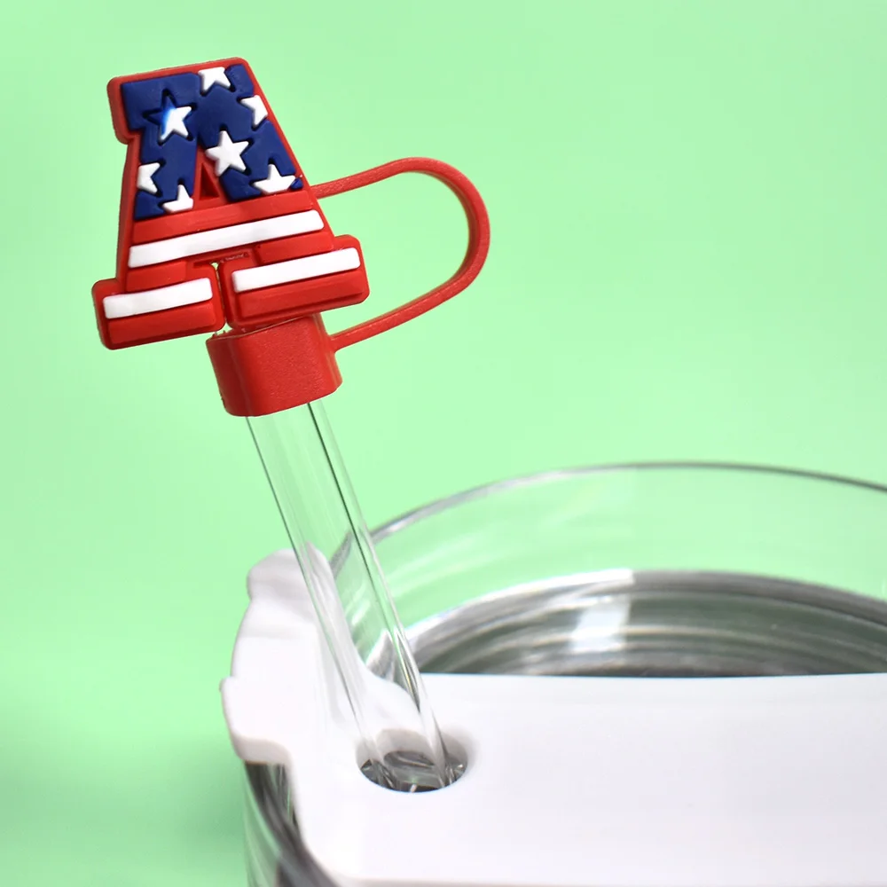 Wholesale Bulk 10mm American Flag Pvc Rubber Straw Topper Fashion Heart Star Usa Flag Straw Topper Charm For Tumblers