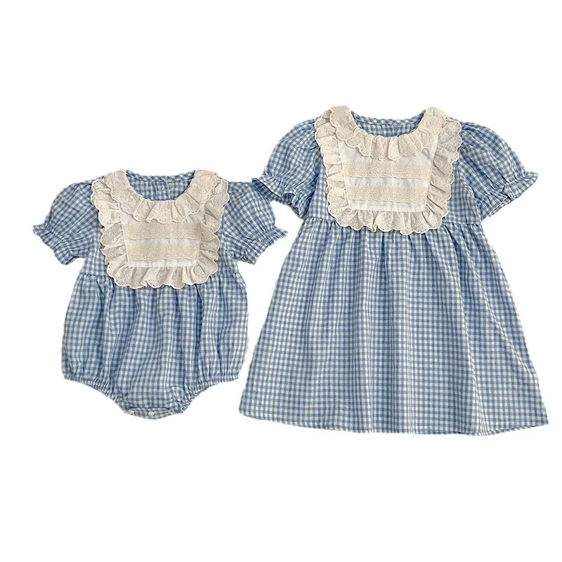 New Summer Baby Plaid Lace Girls Dress Sister Dress Baby Romper