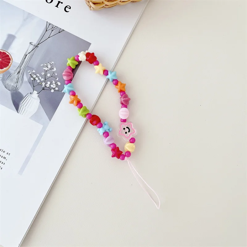 Trendy Colorful Handmade Beaded Phone Chain Love Pendant for Girls Phone Case Decoration
