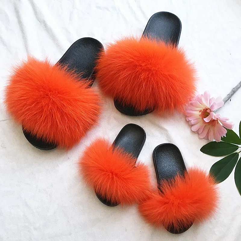 
Amazon hot selling kid slides with strap real fox and raccoon fur slippers for children 