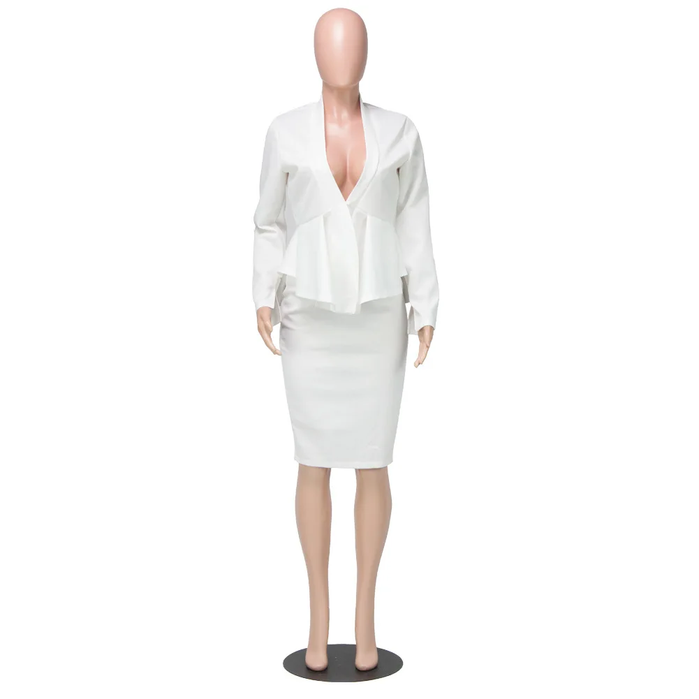 
Dropshipping Quality Female Plain Ruffle Peplum Styles Two Pieces Office Suits For Ladies Skirt Suits Women Office Skirt Suit 