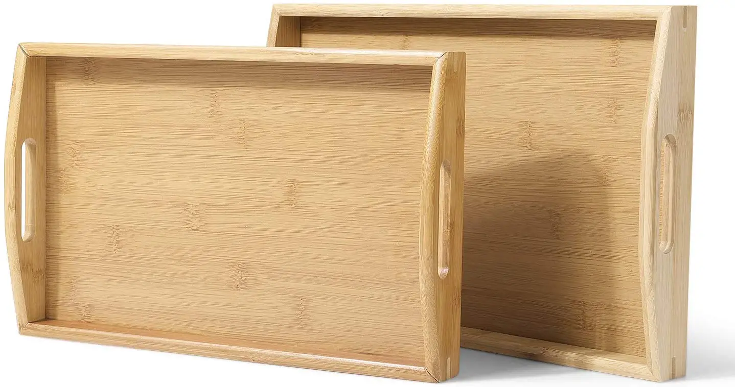 
Combohome Natural Bamboo Rectangle Breakfast Coffee Food Table Serving Tray With Curved Handles 