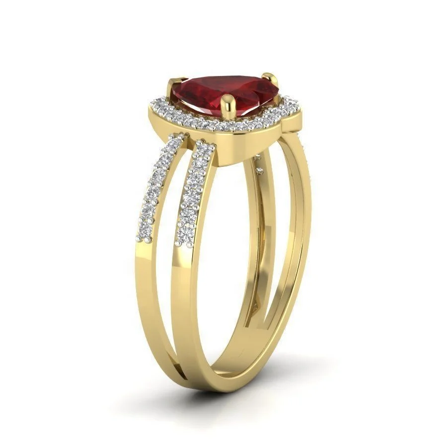 FirstMadam 18k Yellow Gold Heart Shaped Garnet and Round Lab White Diamond Halo Engagement Ring