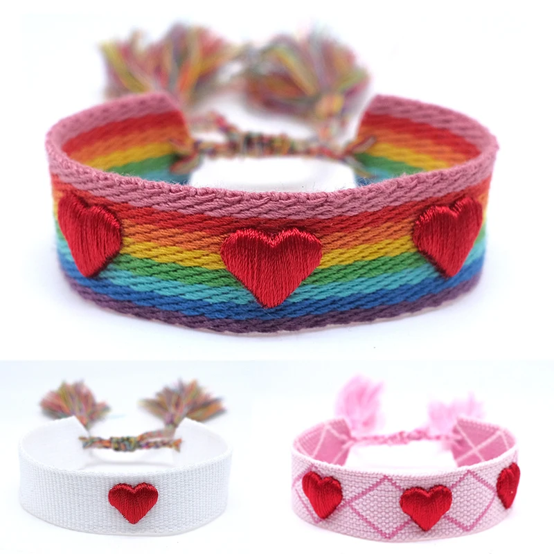 Bohemian Custom Logo Ribbon Letter Embroidery heart Friendship Braided Bracelet Adjustable Woven Charm Webbing Tassel Bracelets