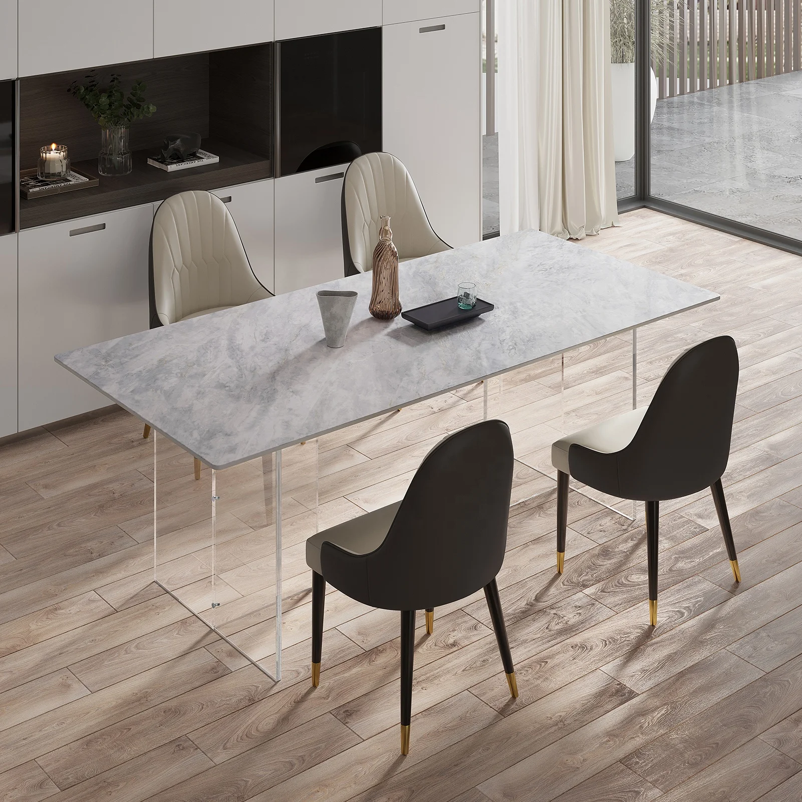 Modern simple luxury restaurant art furniture 4 or 6 people family dining table rectangular stone acrylic table