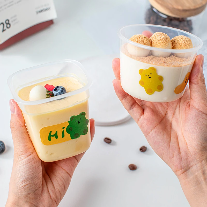 Disposable Dessert Cup Tableware Plastic Thickened Square With Stickers Lid And Spoon Yogurt Pudding Cake Food Packaging Tool