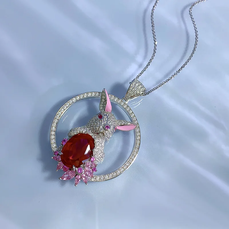 Seasonal New Original Rabbit Pendant, 10*14mm Simulated Pigeon Blood Ruby High Carbon Drill Full Diamond Necklace Female