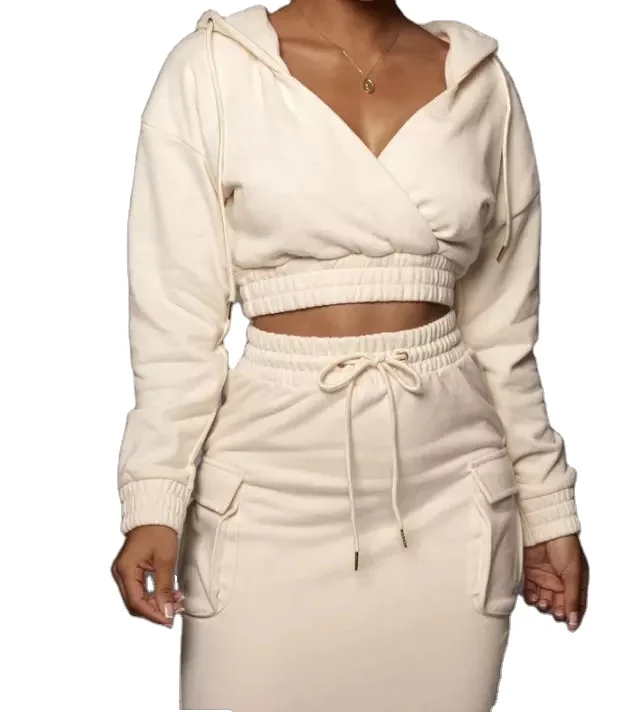 Custom Logo Cotton Fabric Cargo Skirts  Dress Overlap Cropped Sweatshirt Hoodie Sets 2 Piece Women Clothing